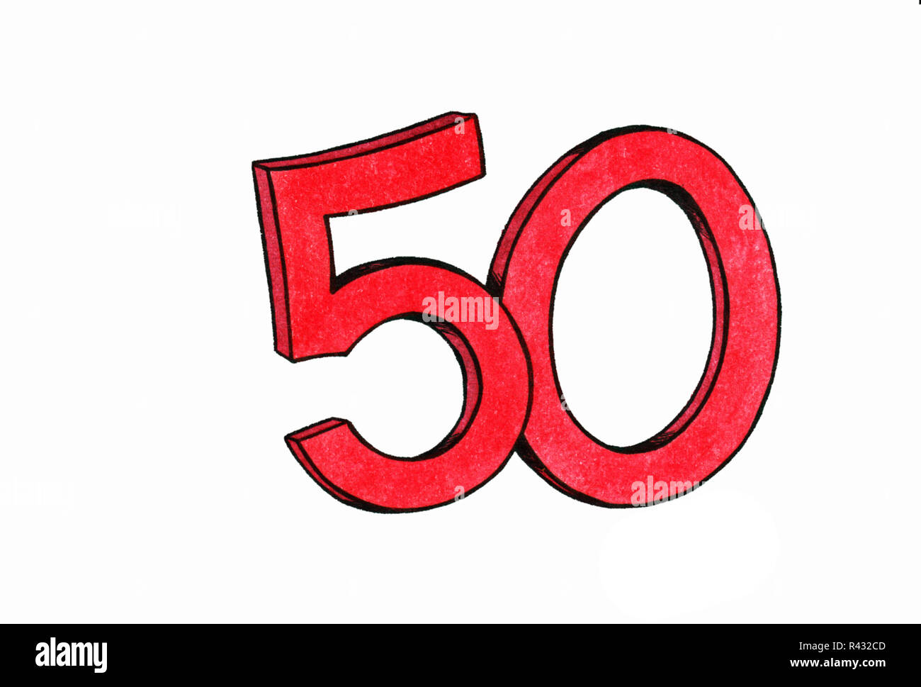 Il numero 50 in rosso mostrato in un abstract in stile cartone animato Foto Stock