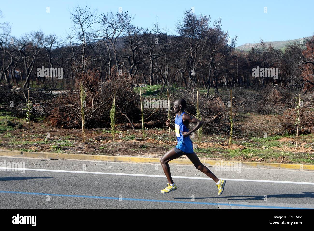 I partecipanti eseguono oltre una zona bruciata di Mati village, dove 99 persone sono morte in un incendio in un bosco la scorsa estate, durante il 2018 la maratona di Atene. Foto Stock