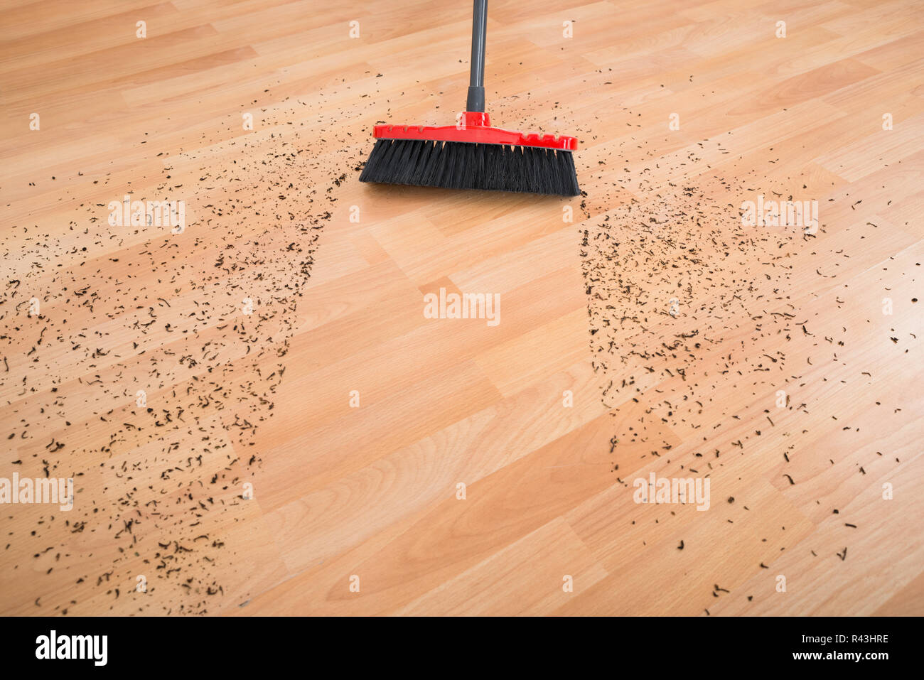 Pulitura della scopa sporco sul pavimento di legno duro Foto Stock