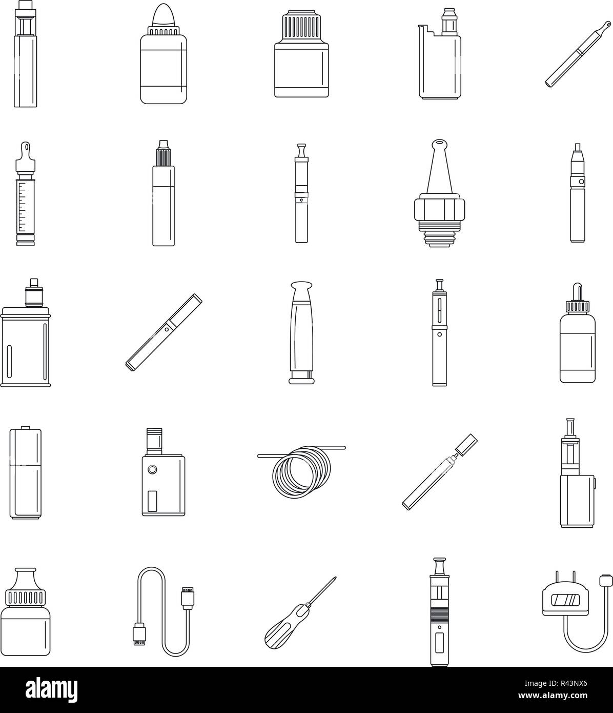 Sigaretta elettronica mod cig fumo set di icone. Schema Illustrativo del 25 sigaretta elettronica mod cig fumo icone vettoriali per il web Illustrazione Vettoriale