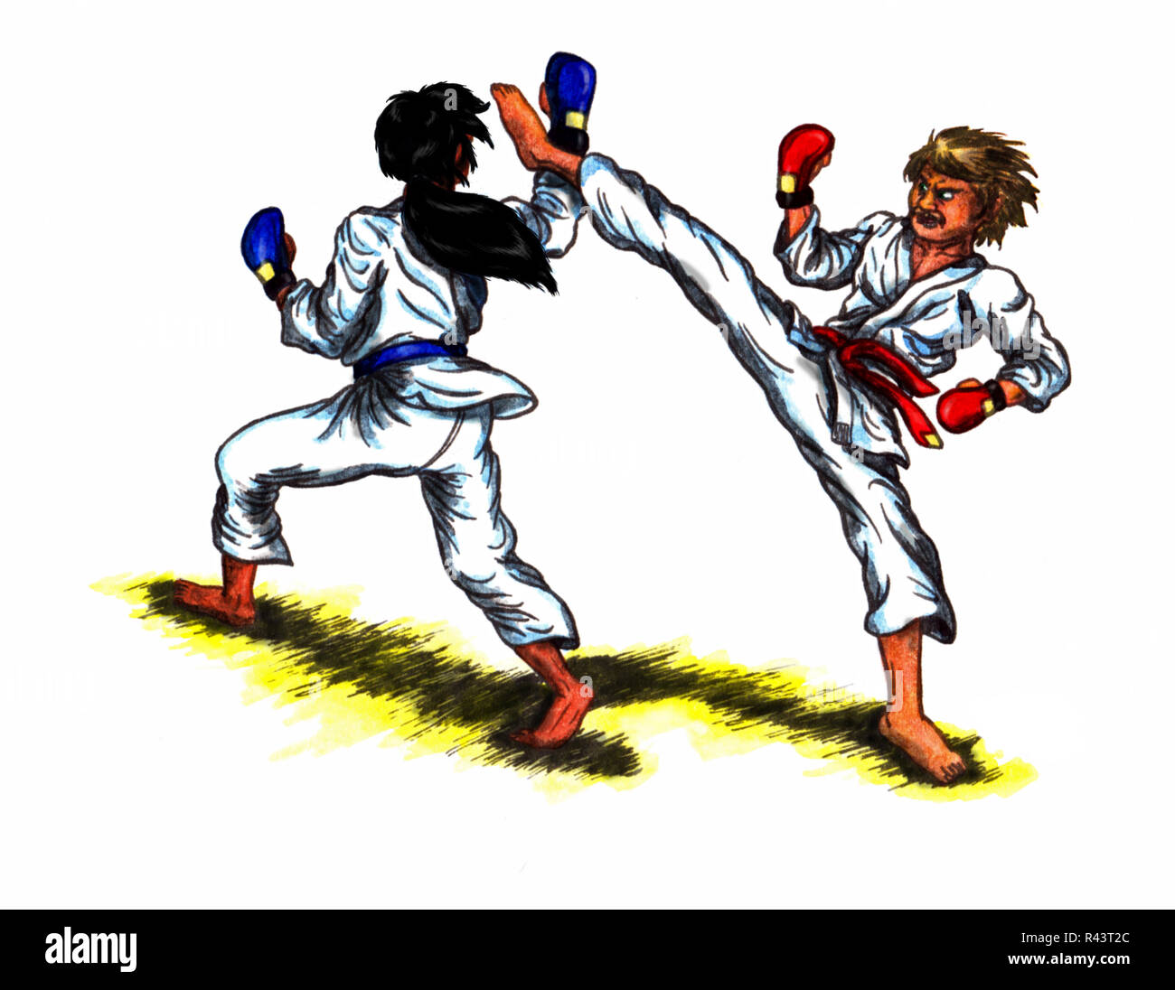 Due uomini che indossano guanti di agganciamento e nastri colorati e uno contro l'altro con il karate in un torneo di lotta contro Foto Stock