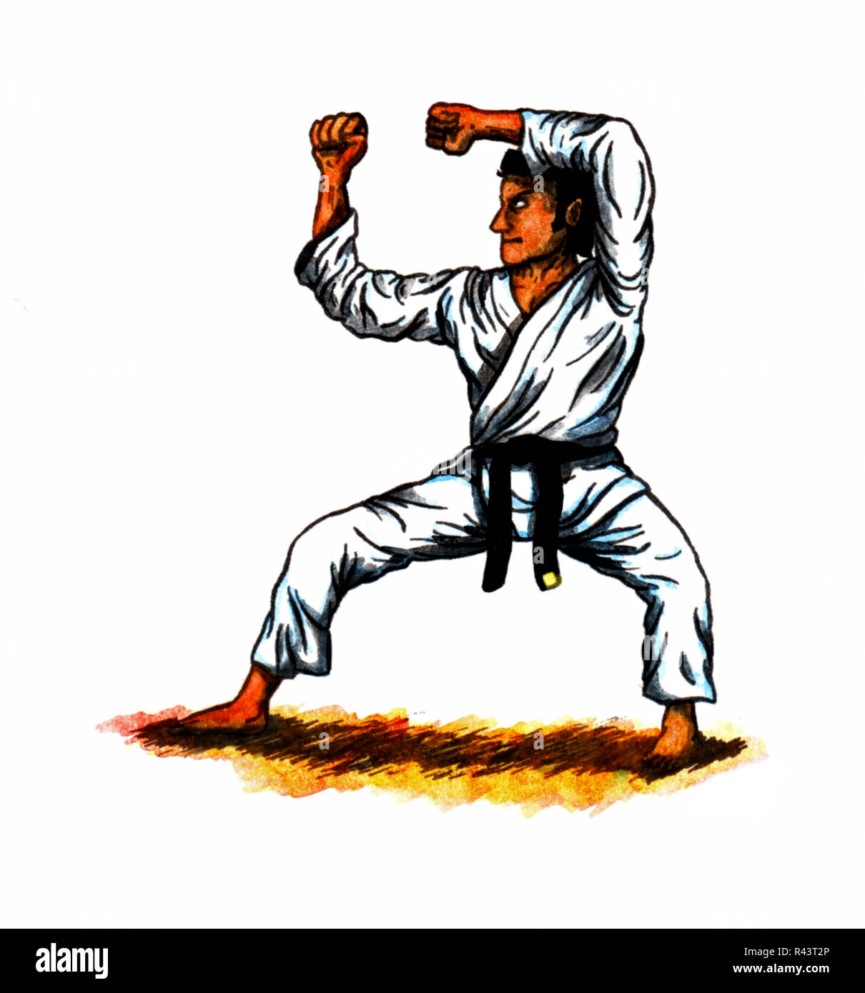 Uomo che indossa una cintura nera facendo una sequenza di kata nel karate Foto Stock