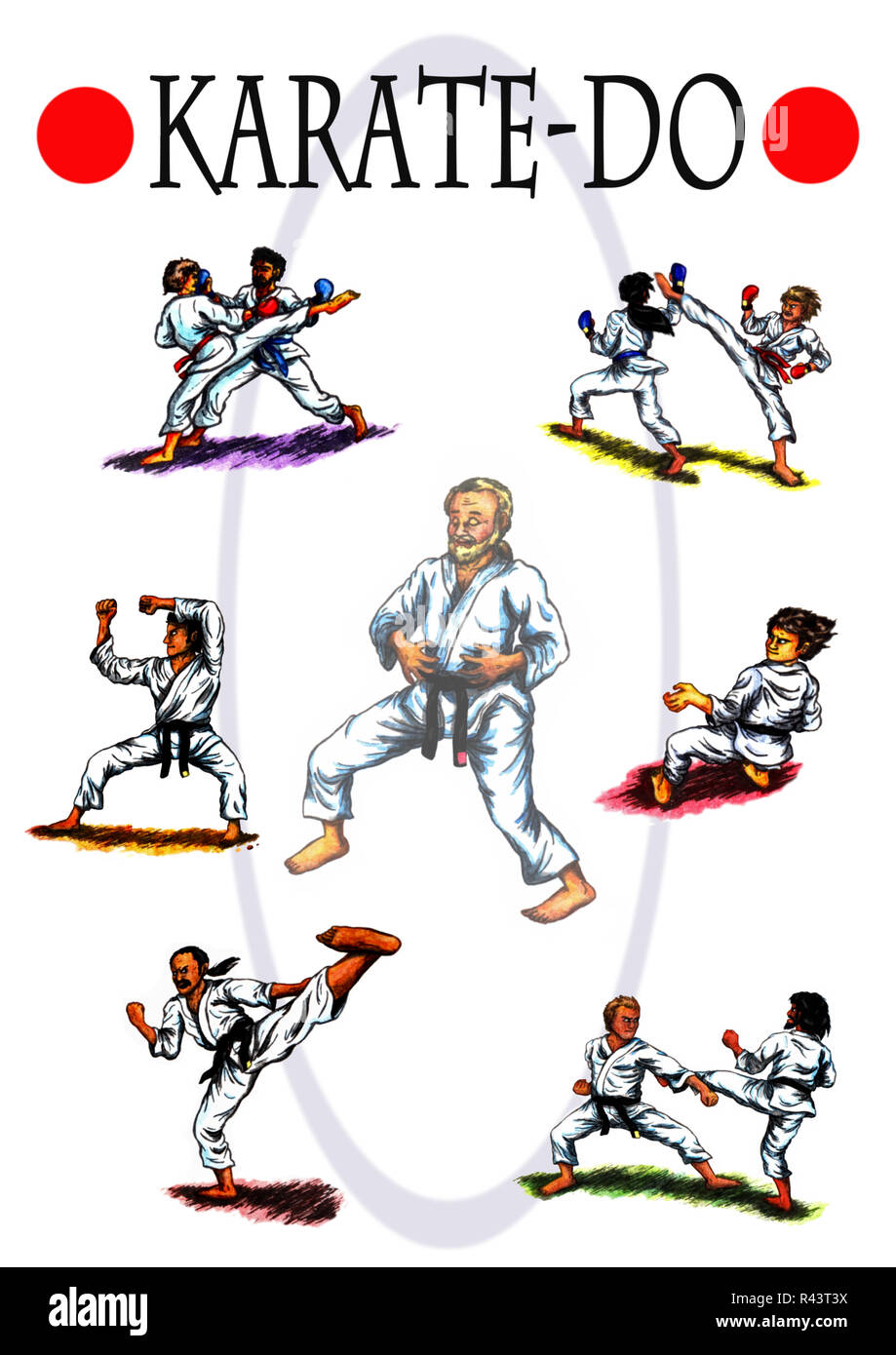 La diversità di karate do che mostra di esercizi di respirazione, torneo combatte, nozioni di base, tecniche e kata Foto Stock
