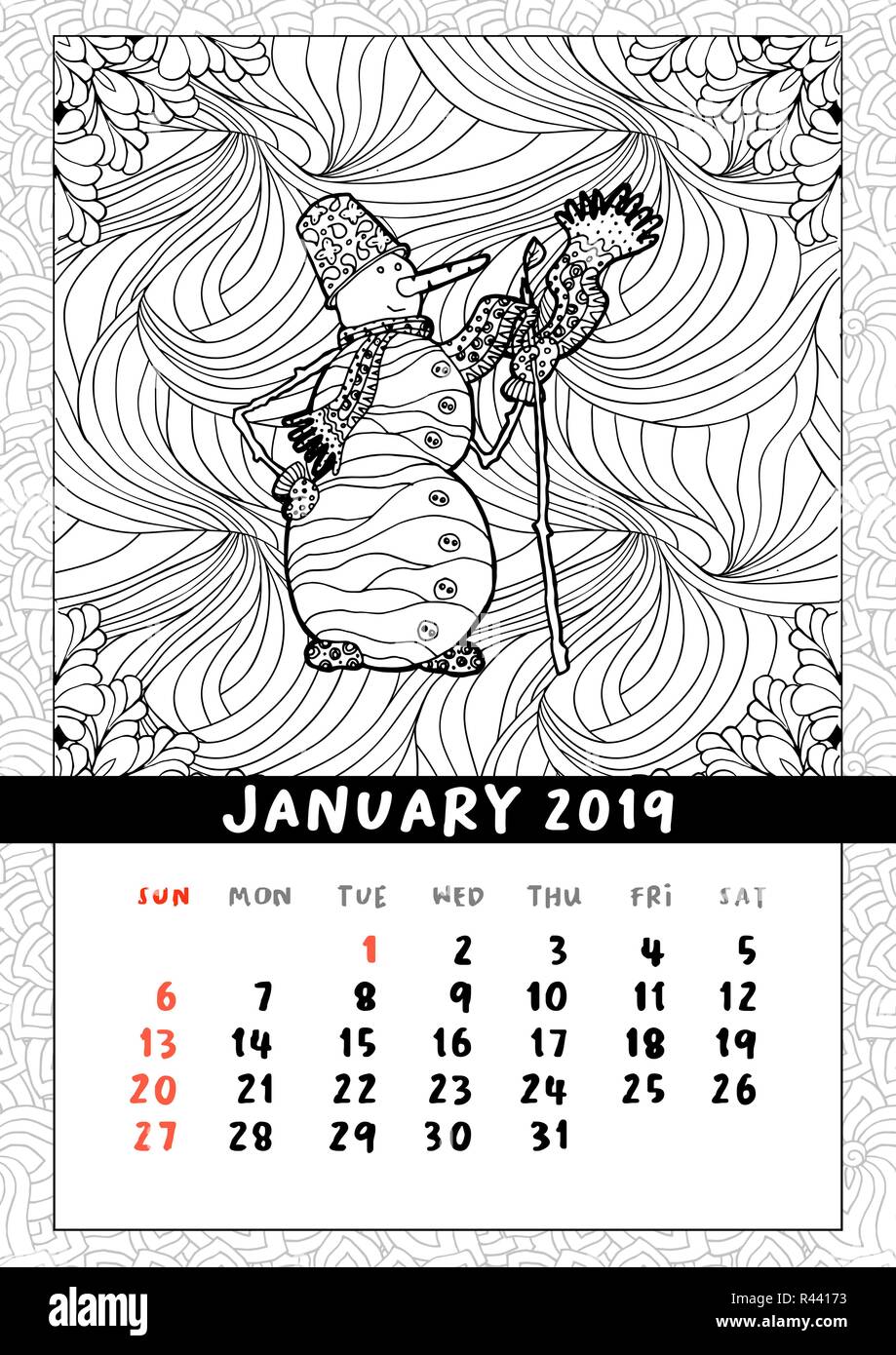 Pupazzo Di Neve In Stile Doodle Calendario Gennaio 19 Libro Da Colorare Poster Per Adulti E