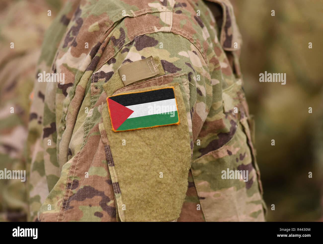 Stato di Palestina bandiera sul braccio di soldati (collage). Foto Stock