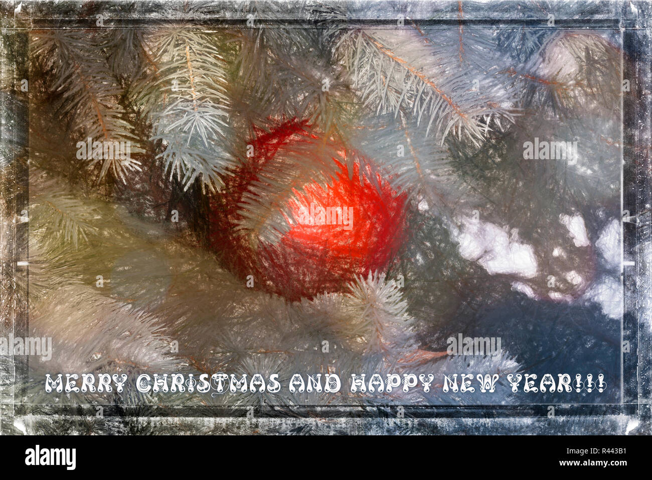 Arte esclusiva digital buon Natale e felice anno nuovo cartolina progettato dalla bellissima foto di un albero di natale nella neve e una palla rossa. Foto Stock