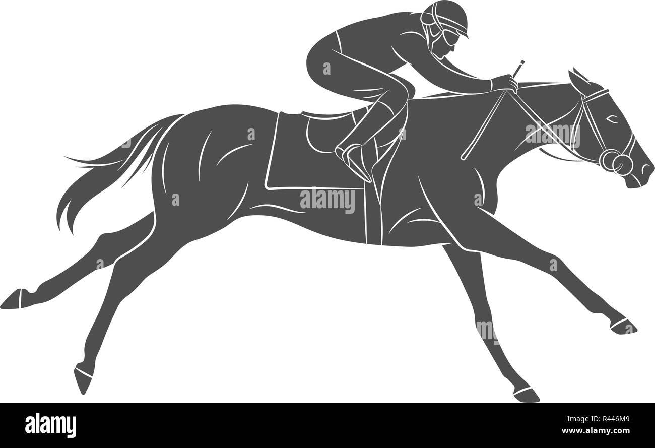 Silhouette a cavallo da corsa con il fantino su sfondo bianco Illustrazione Vettoriale
