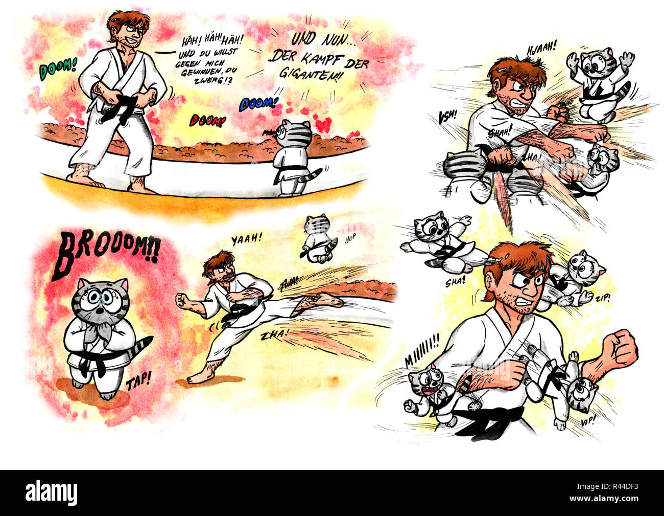 Pagina uno di un breve fumetto (due pagine) in lingua tedesca che mostra un uomo e un manga come cat combattono tra di loro in un torneo di karate in lingua tedesca il man attacca il gatto, ma il gatto sa come difendere se stesso Foto Stock