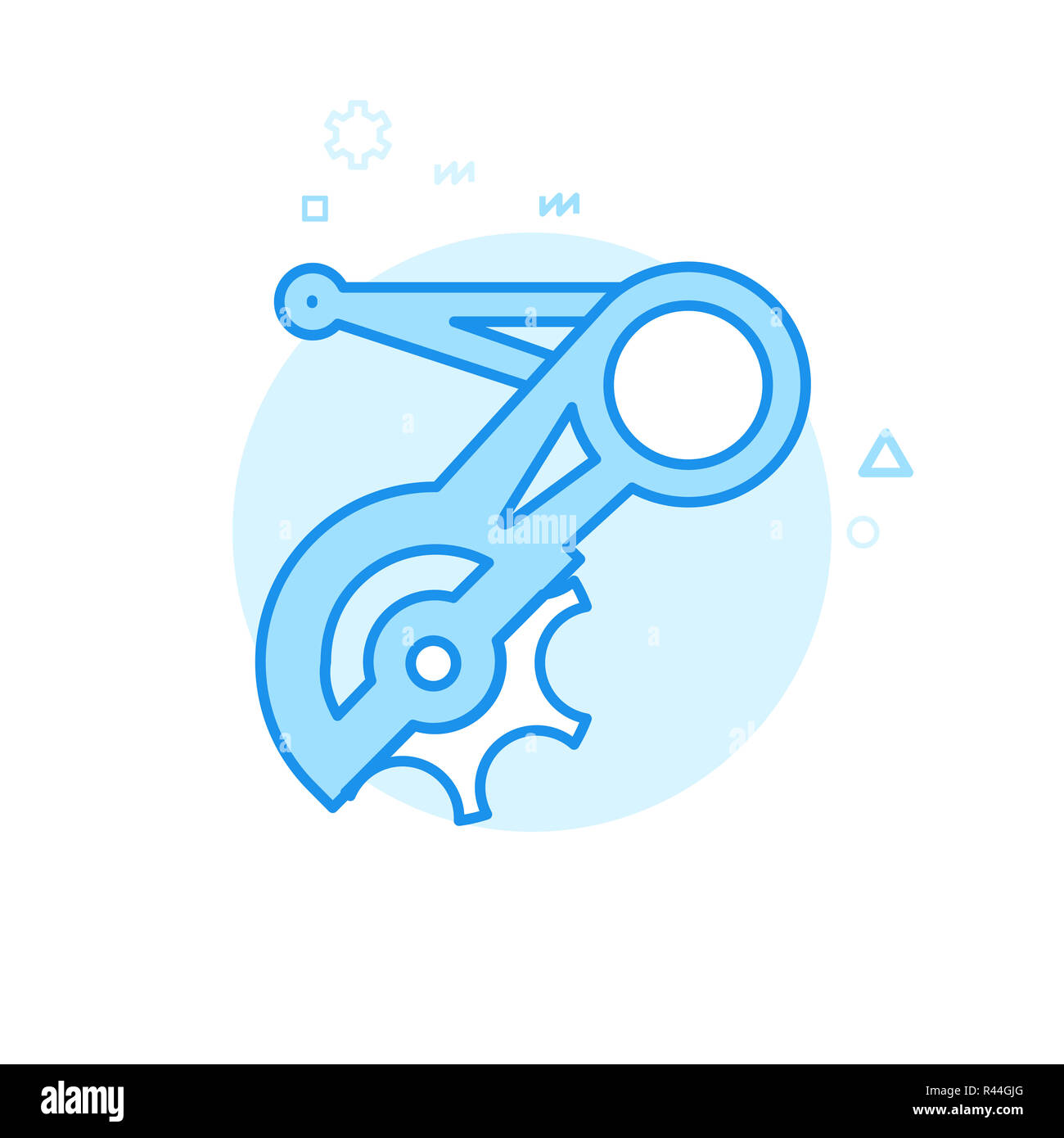 Bike deragliatore posteriore icona piatta. Noleggio di parte di ricambio, simbolo pittogramma, segno. Luminoso appartamento stile. Blue Design monocromatico. Corsa modificabile. Regolare la linea Wei Foto Stock