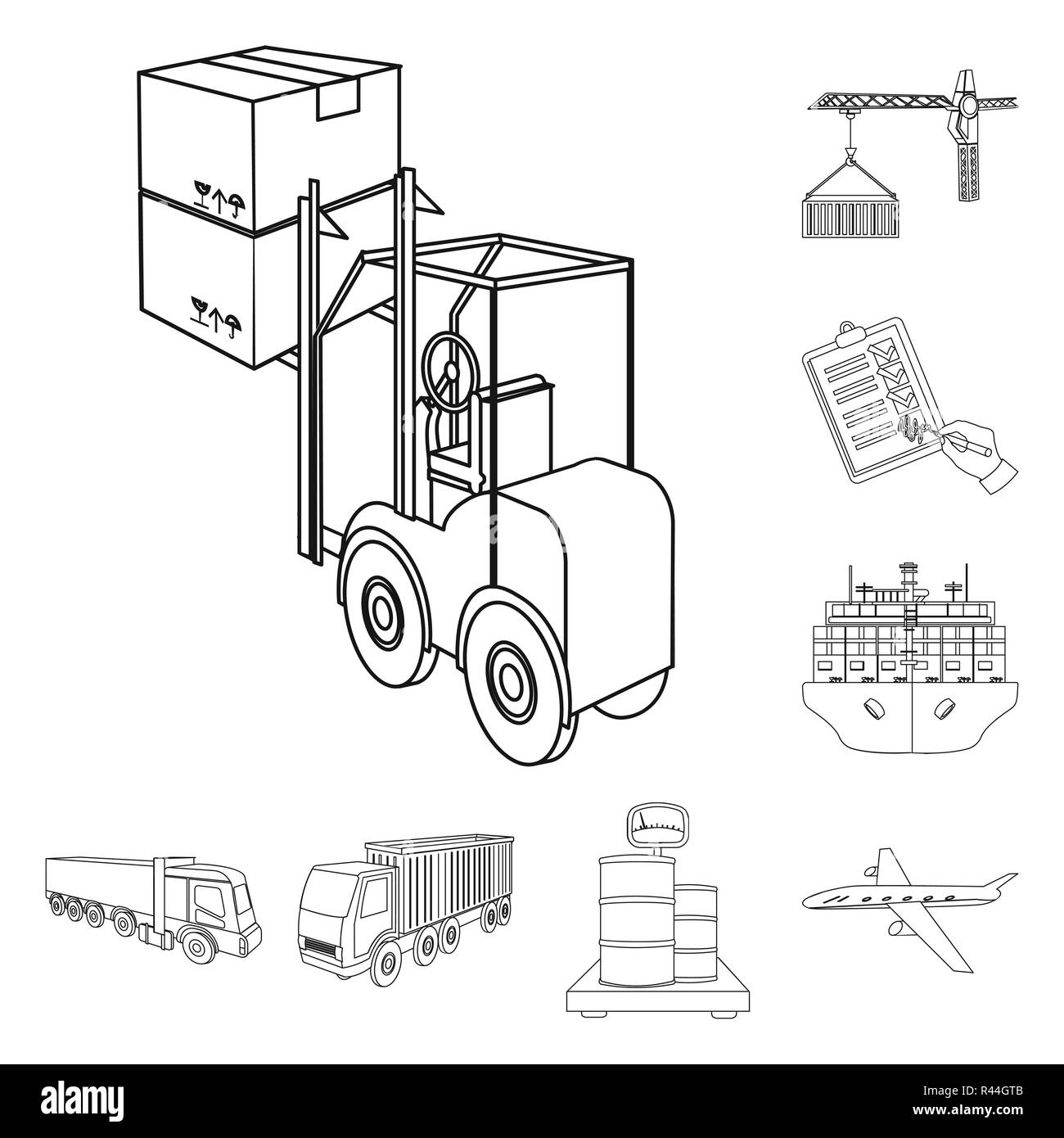 Logistica e consegna le icone di contorno nel set di raccolta per il design. Trasporto e attrezzature di vettore isometrica simbolo illustrazione stock. Illustrazione Vettoriale