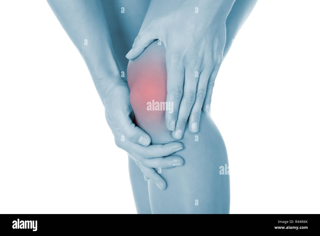 Immagine ritagliata della donna che soffrono di dolore al ginocchio Foto Stock