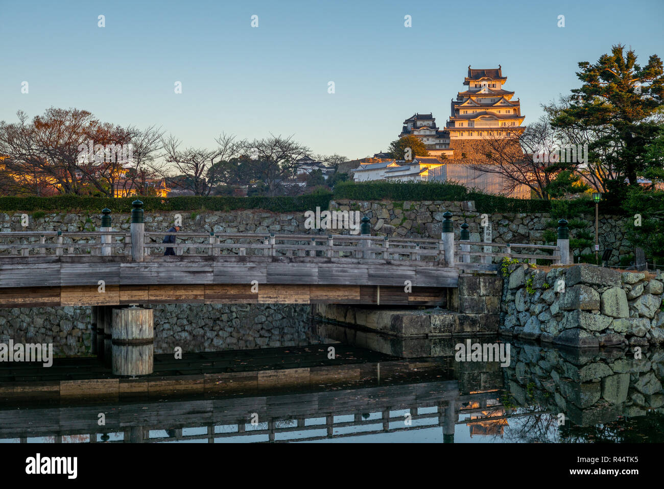 Il castello di Himeji in notturna a hyogo, Giappone all'alba Foto Stock