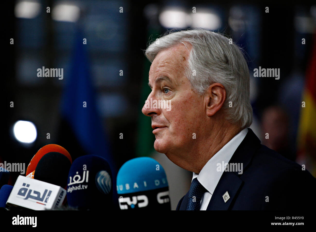 Bruxelles, Belgio. 25 Nov 2018. .Ue del capo negoziatore Brexit Michel Barnier arriva a partecipare in uno straordinario UE leaders summit per finalizzare e formalizzare l'accordo Brexit. Alexandros Michailidis/Alamy Live News Foto Stock