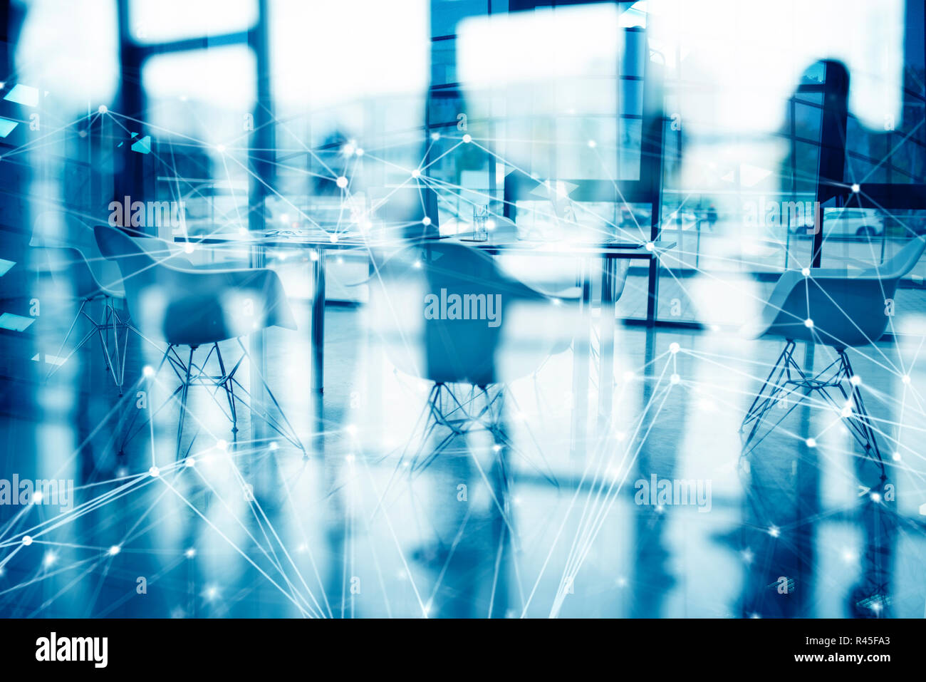 Background aziendale di una con sala riunioni con linee di rete. doppia esposizione Foto Stock