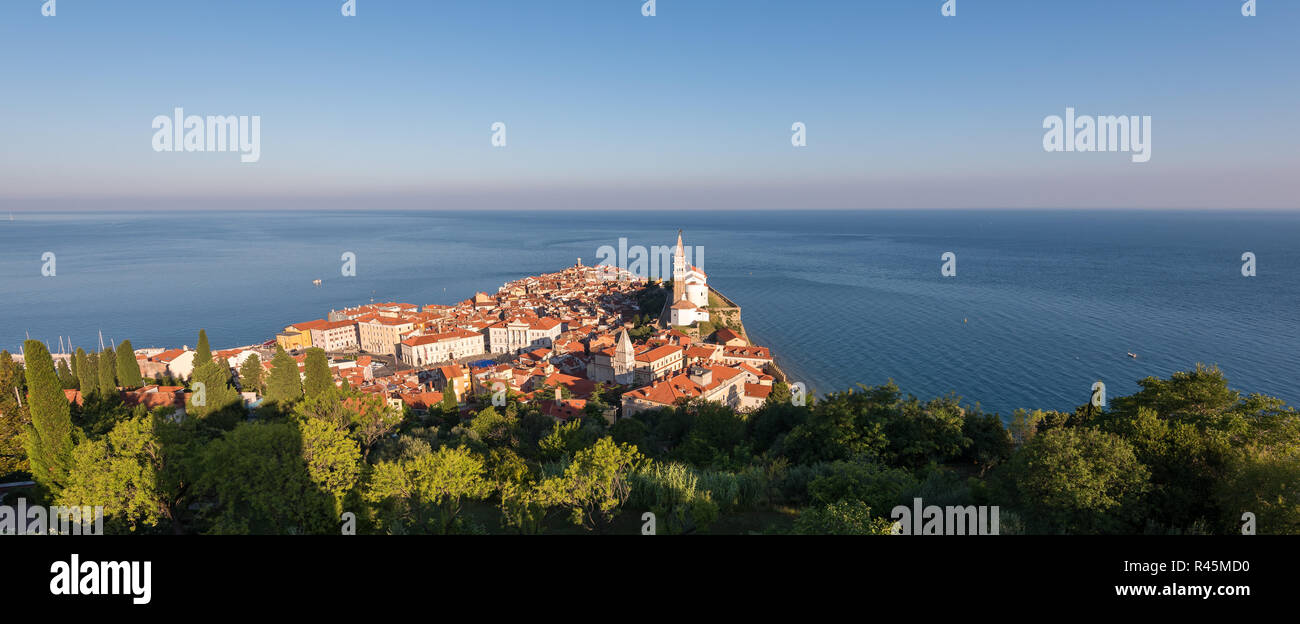 Soleggiato Città Vecchia di pirano in mattinata. Foto Stock