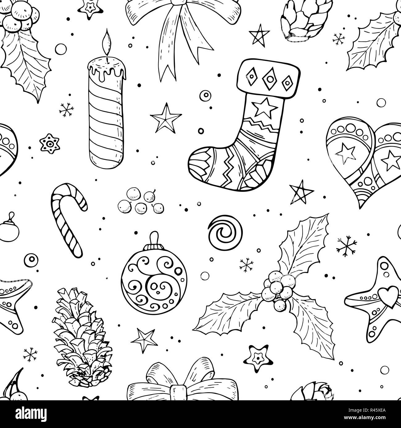 Seamless pattern di festa con i tradizionali simboli del natale e decorazione. Infinite texture tradizionali per Natale design, tessuti, biglietti d'auguri. Illustrazione Vettoriale