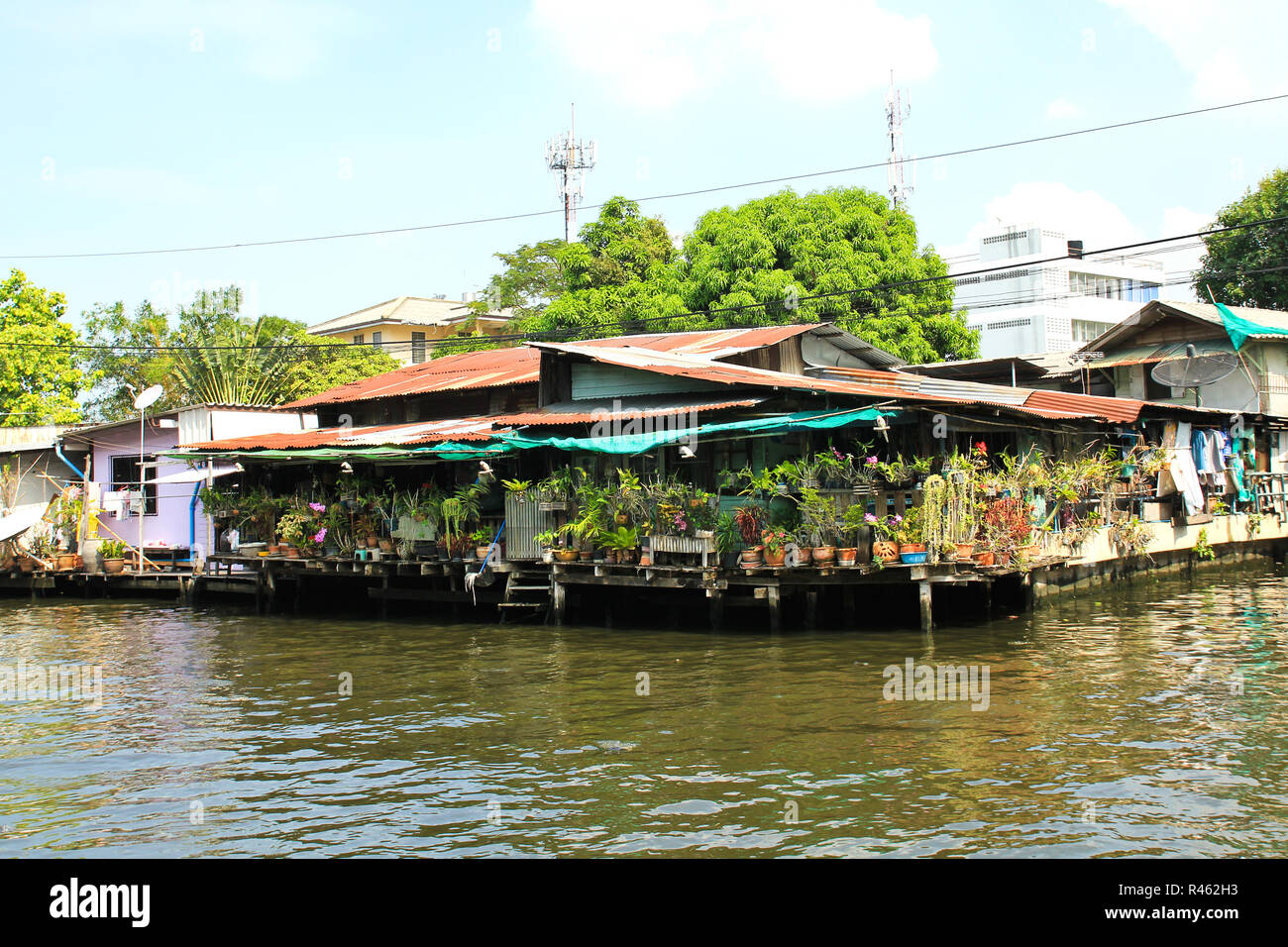 Case di legno lungo i canali in Thailandia Foto Stock