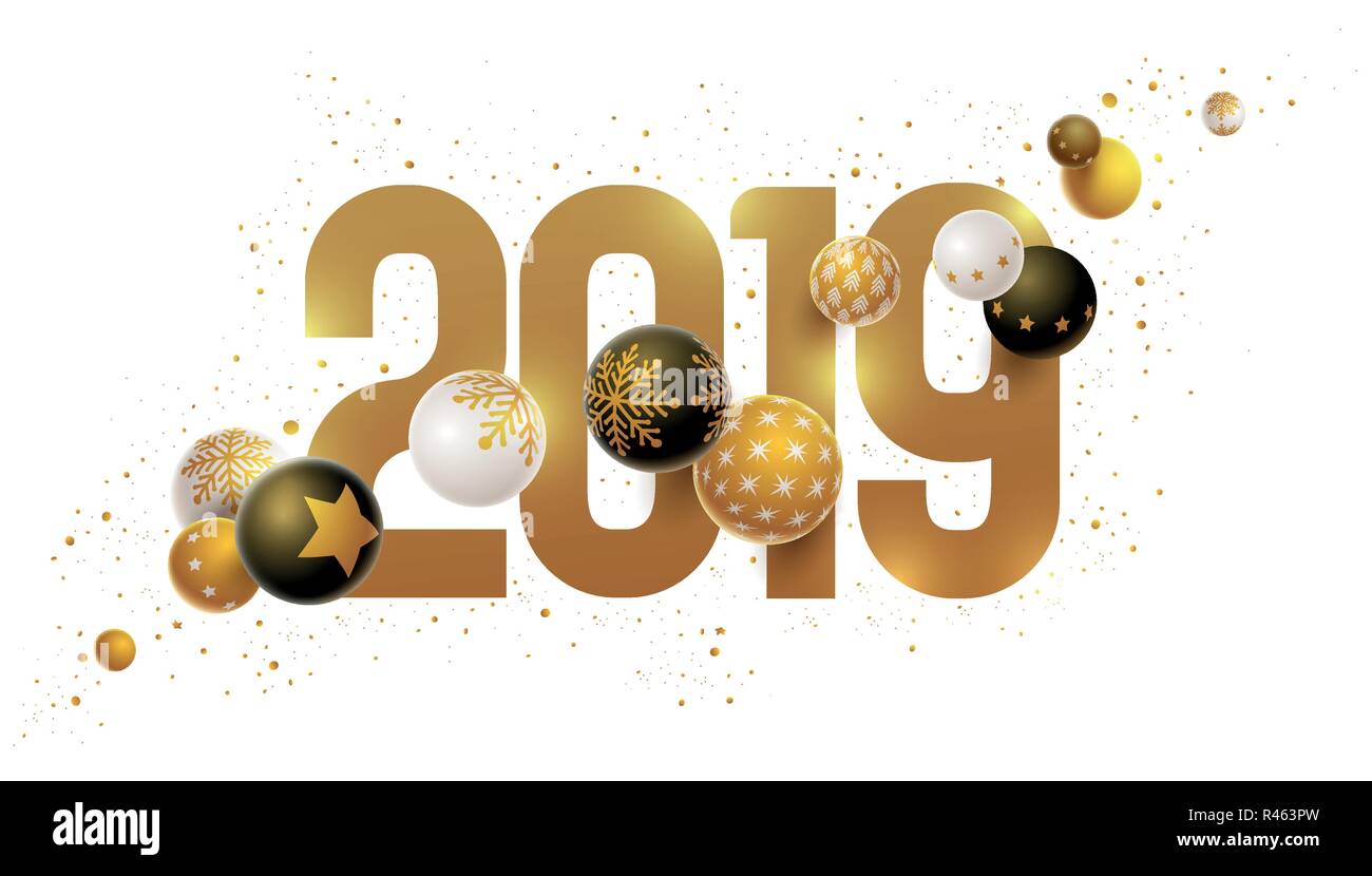 Abstract anno nuovo 2019 greeting card design con 3d bianco, nero e oro palle di Natale . Gli elementi sono stratificati separatamente in file vettoriale. Illustrazione Vettoriale