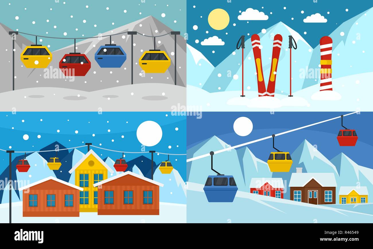 Ski resort banner set. Illustrazione piana di ski resort vettore set di banner per il web design Illustrazione Vettoriale