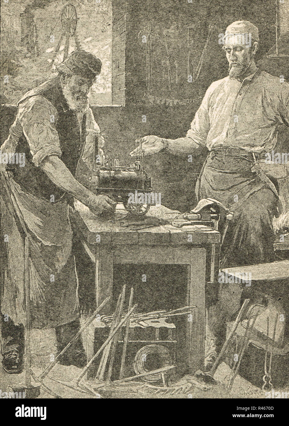 George Stephenson con un modello di locomotiva Killingworth Foto Stock