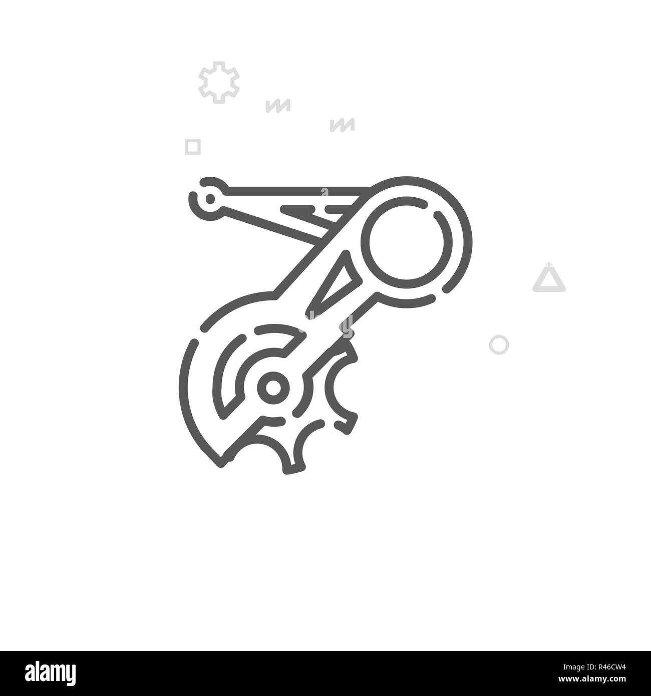 Bike deragliatore posteriore Icona linea. Noleggio di parte di ricambio, simbolo pittogramma, segno. Luce geometrica astratta sfondo. Corsa modificabile. Regolare il peso della linea. Foto Stock