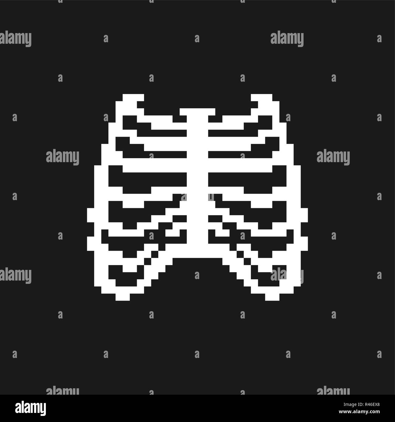 Gabbia costale pixel art. Anatomia delle ossa 8 bit. Pixelate scheletro umano system 16bit. Vecchio gioco computer stile grafica Illustrazione Vettoriale