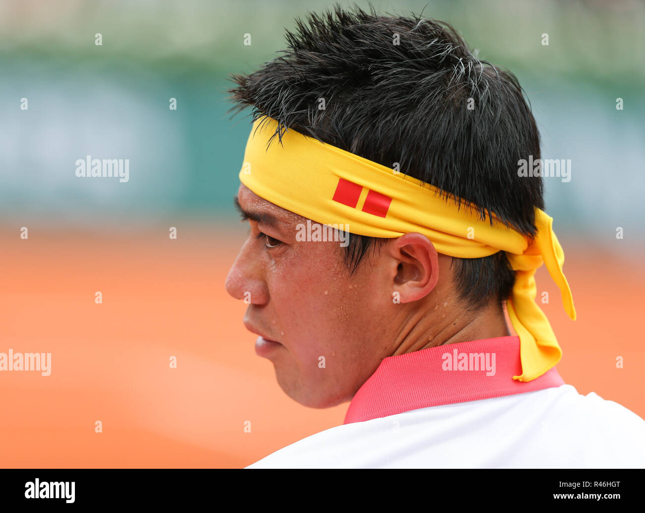 Close up giapponese di giocatore di tennis Kei Nishikori all'aperto francese 2018, Parigi, Francia Foto Stock