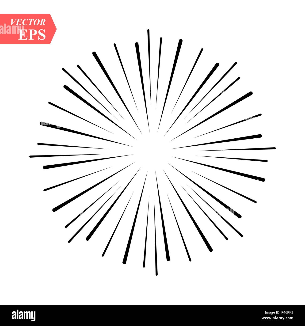 Vintage Sunburst Handdrawn esplosione elemento di Design Fireworks raggi nero Illustrazione Vettoriale