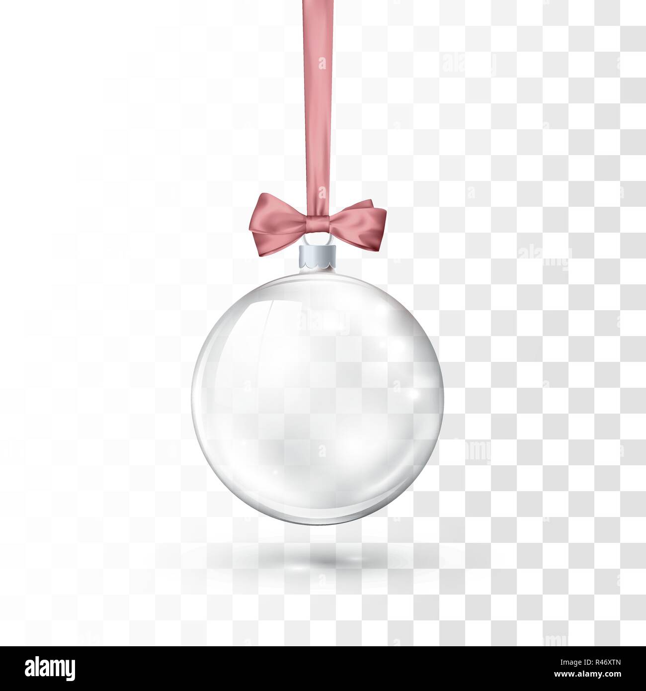 Trasparente come il vetro palla di Natale appeso sul nastro rosa con fiocco. Xmas Palla di vetro su sfondo trasparente. Vacanze modello di decorazione. Vector illus Illustrazione Vettoriale