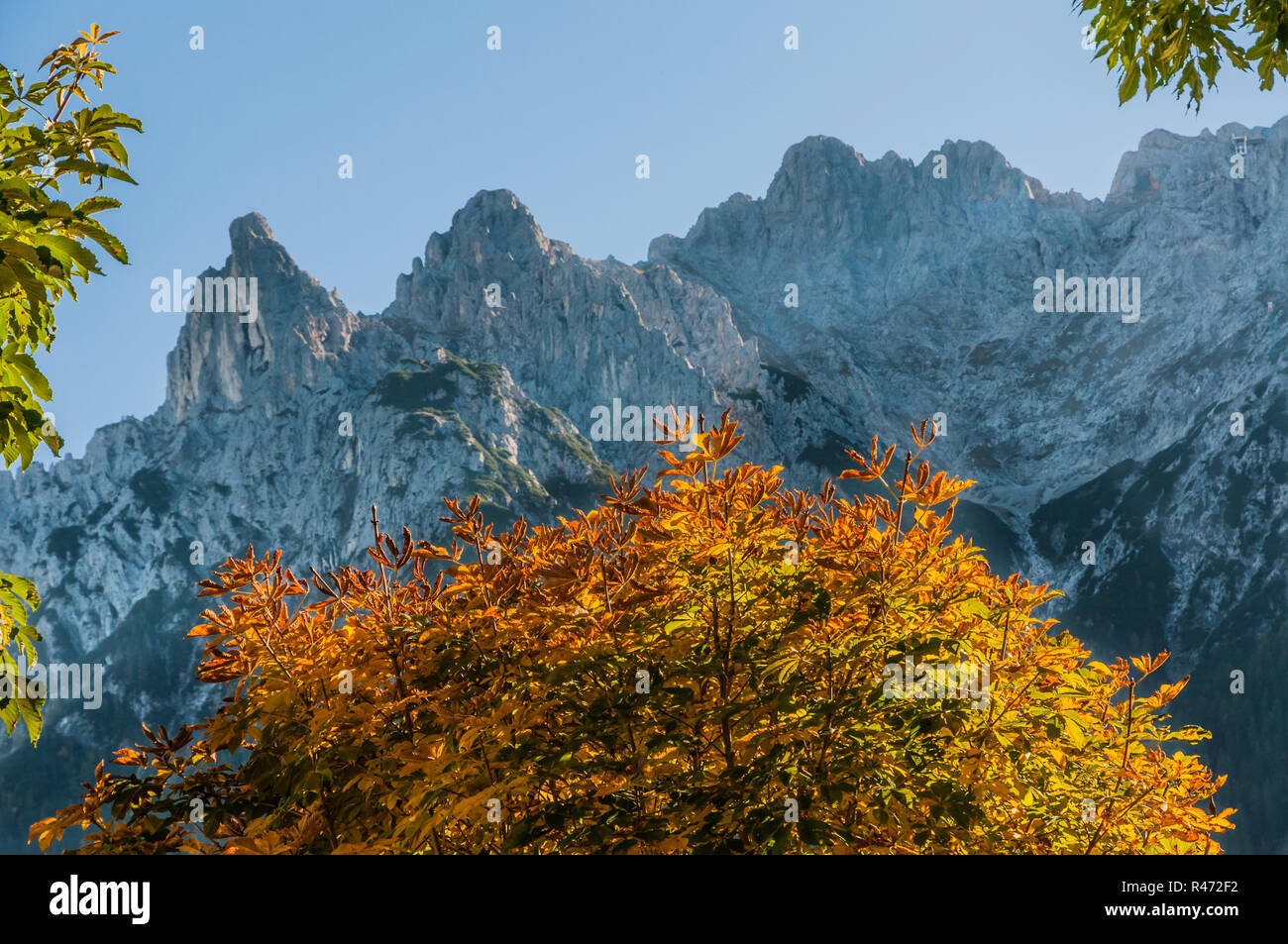 Estate indiana a mittenwald con teste di karwendel nelle alpi Foto Stock