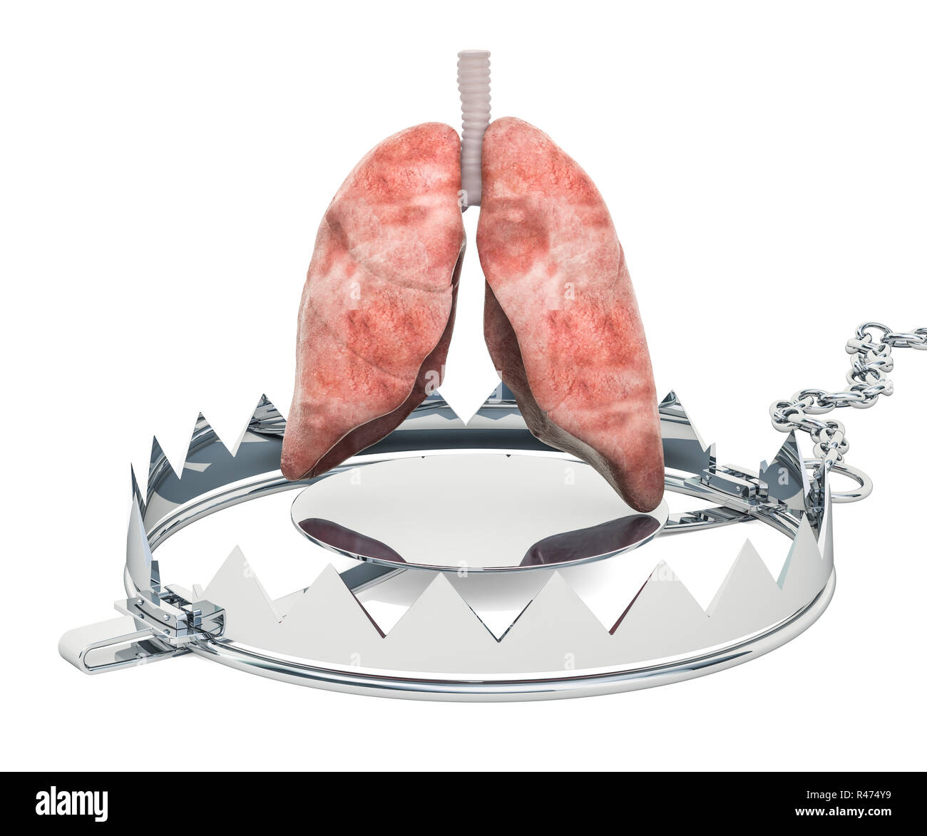 Polmoni concetto di dolore. Polmoni umani all'interno di bear trap. 3D rendering isolati su sfondo bianco Foto Stock