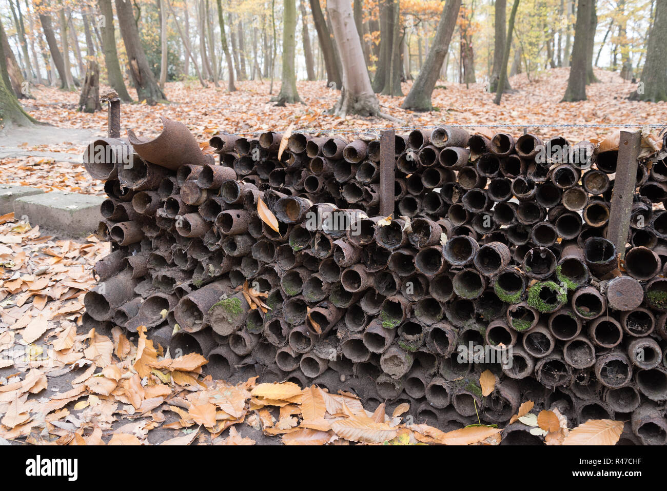 Conchiglie e altri detriti di guerra impilati nel santuario di legno, Ypres Salient Foto Stock