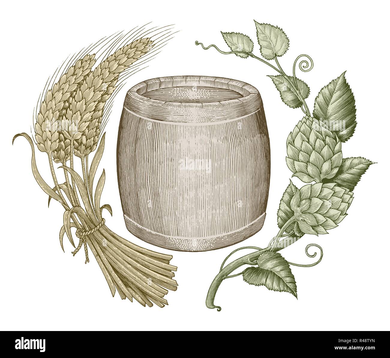 Il logo di birra del disegno a mano vintage stile di incisione Illustrazione Vettoriale