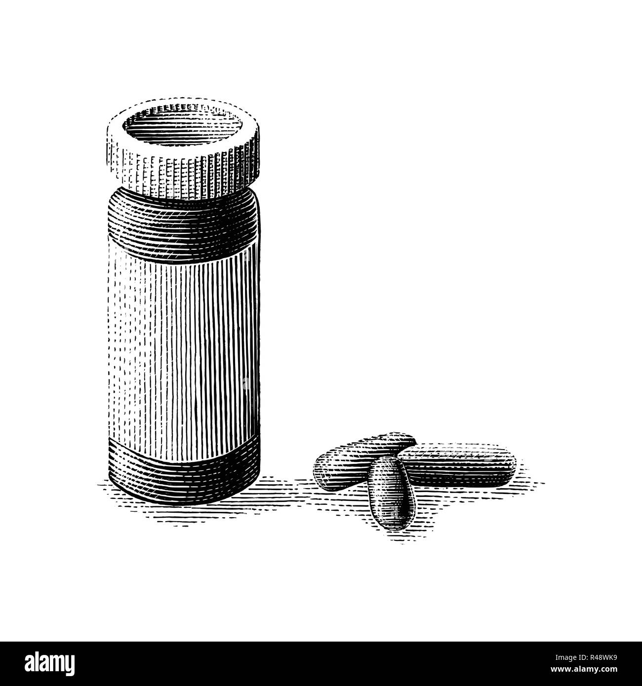 Bottiglia di medicina e pillole del disegno a mano vintage stile di incisione Illustrazione Vettoriale