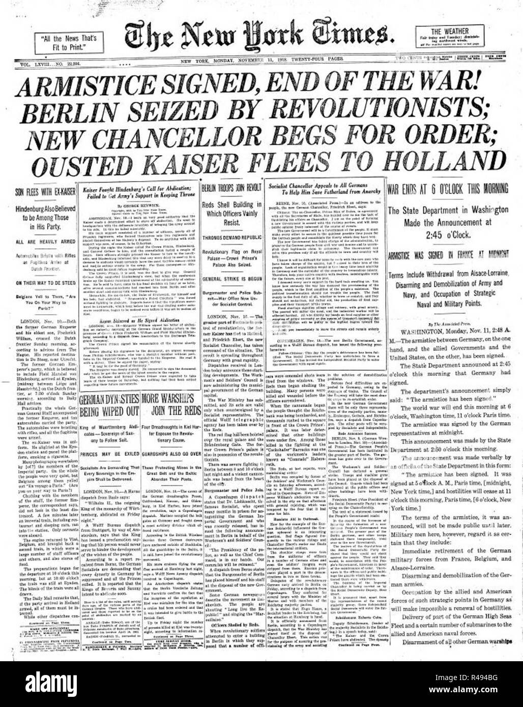 Pagina Anteriore Del New York Times Il Giorno Dell Armistizio 11 Novembre 1918 Foto Stock Alamy