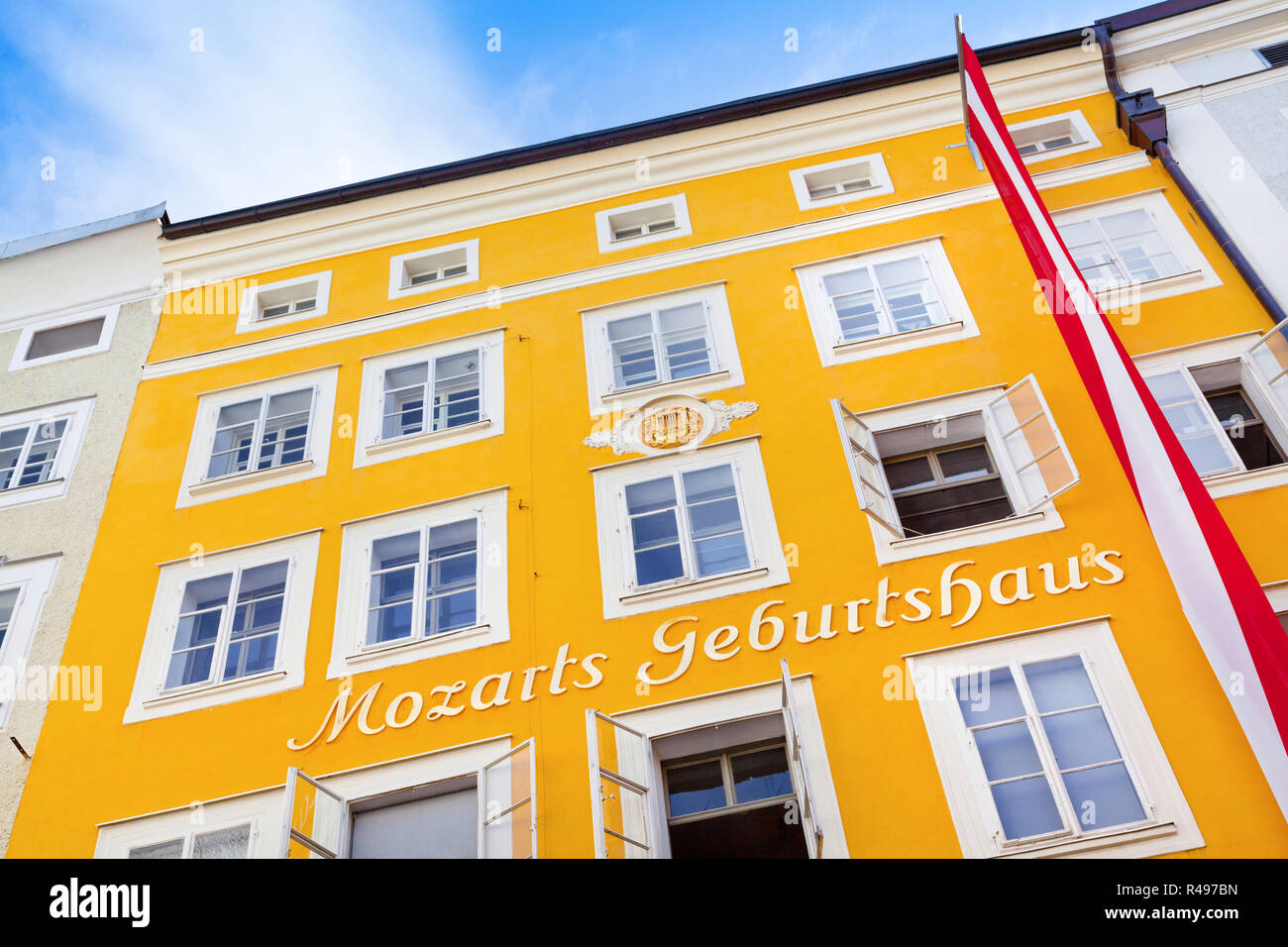 Casa natale del famoso compositore Wolfgang Amadeus a Salisburgo, Austria Foto Stock