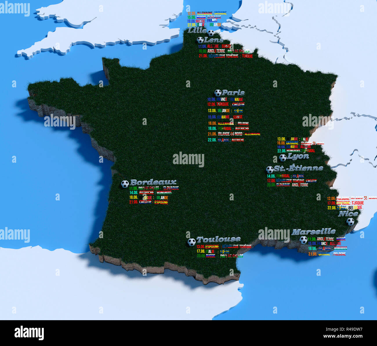 Il campionato europeo di calcio in Francia luoghi di contorno con 3d lettere incontri di gruppo nelle bandiere nazionali Foto Stock