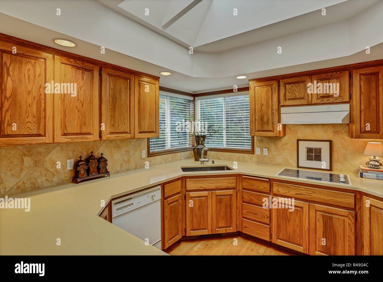 Aprire il grande cucina interno con soffitto a volta e gli elettrodomestici bianchi da ninetees. Foto Stock
