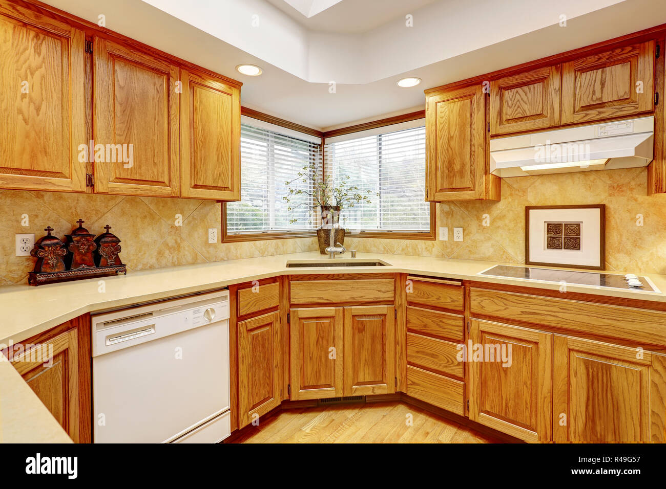 Aprire il grande cucina interno con soffitto a volta e gli elettrodomestici bianchi da ninetees. Foto Stock