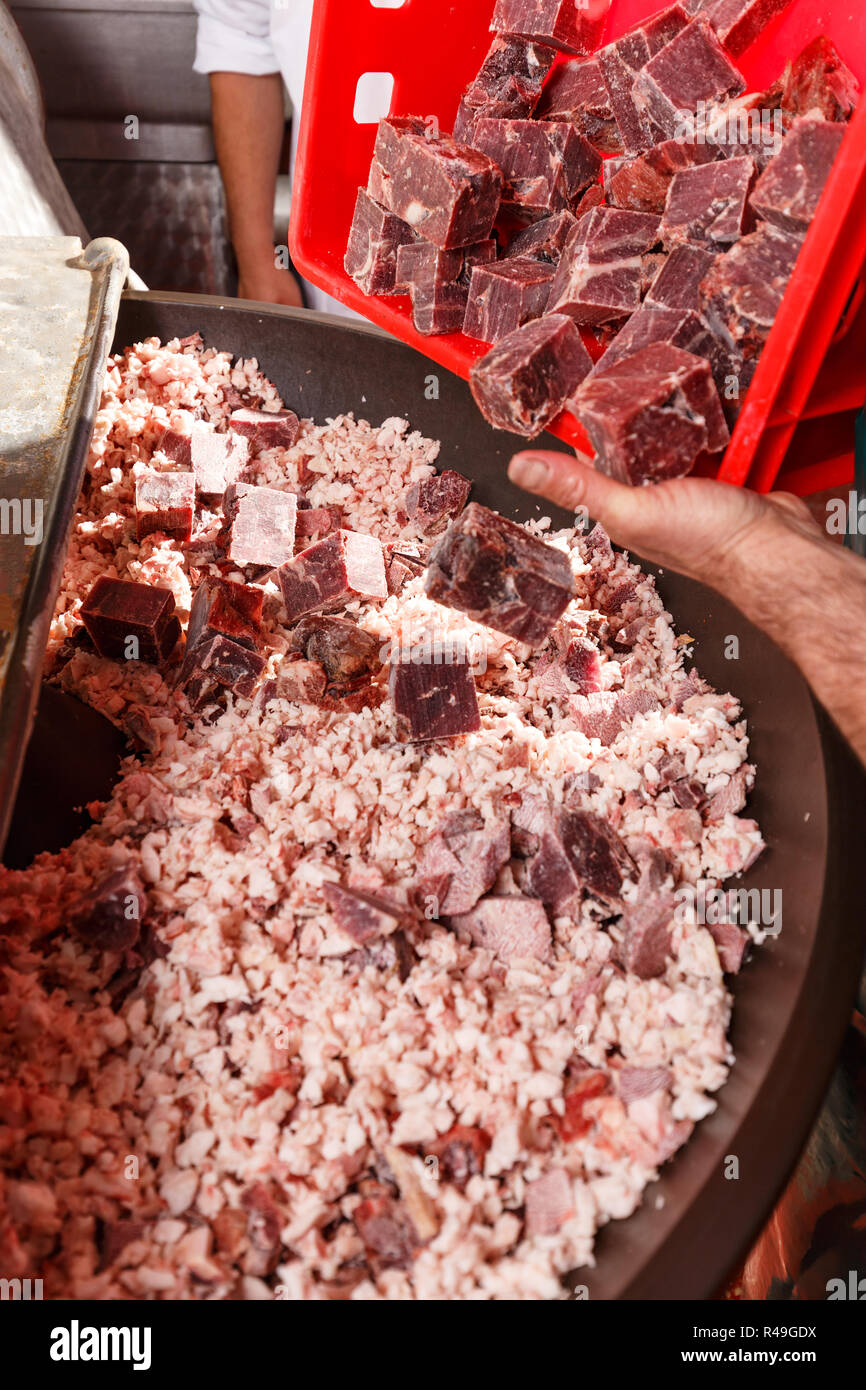 Taglierina per la macinazione di carne. Salsiccia della linea di produzione. Processo di fabbricazione di salsiccia Foto Stock