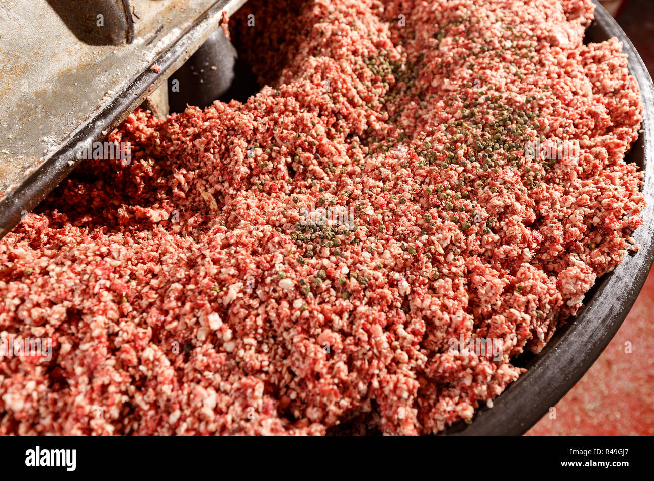 La carne nel macinatore. L'industria della carne Foto Stock