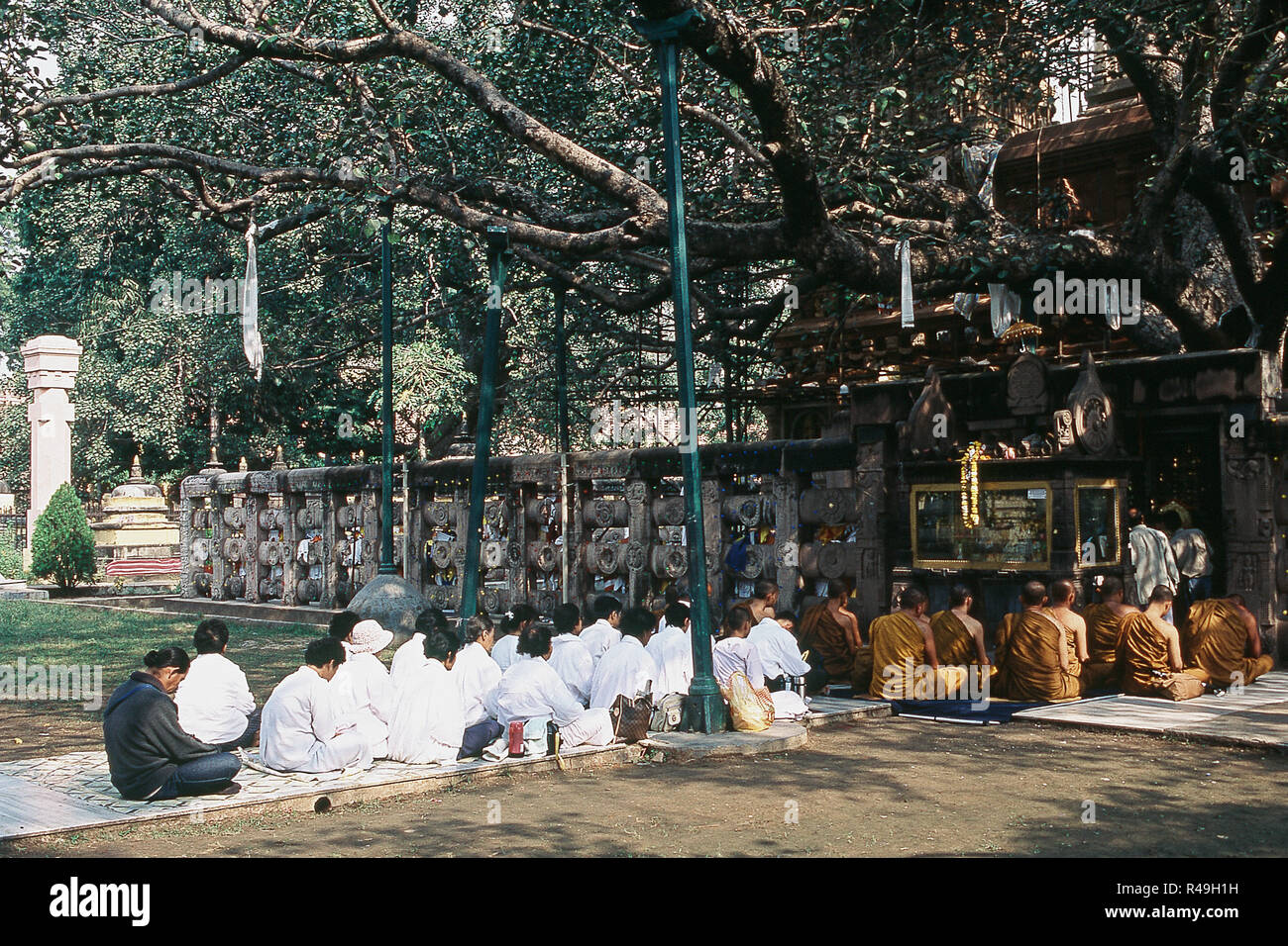I turisti in ascolto delle preghiere, Bodh Gaya, Bihar, in India, Asia Foto Stock