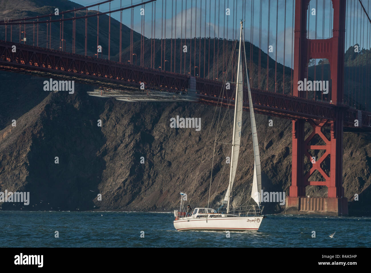 Una barca a vela passa di fronte al Golden Gate bridge nella Baia di San Francisco. Foto Stock