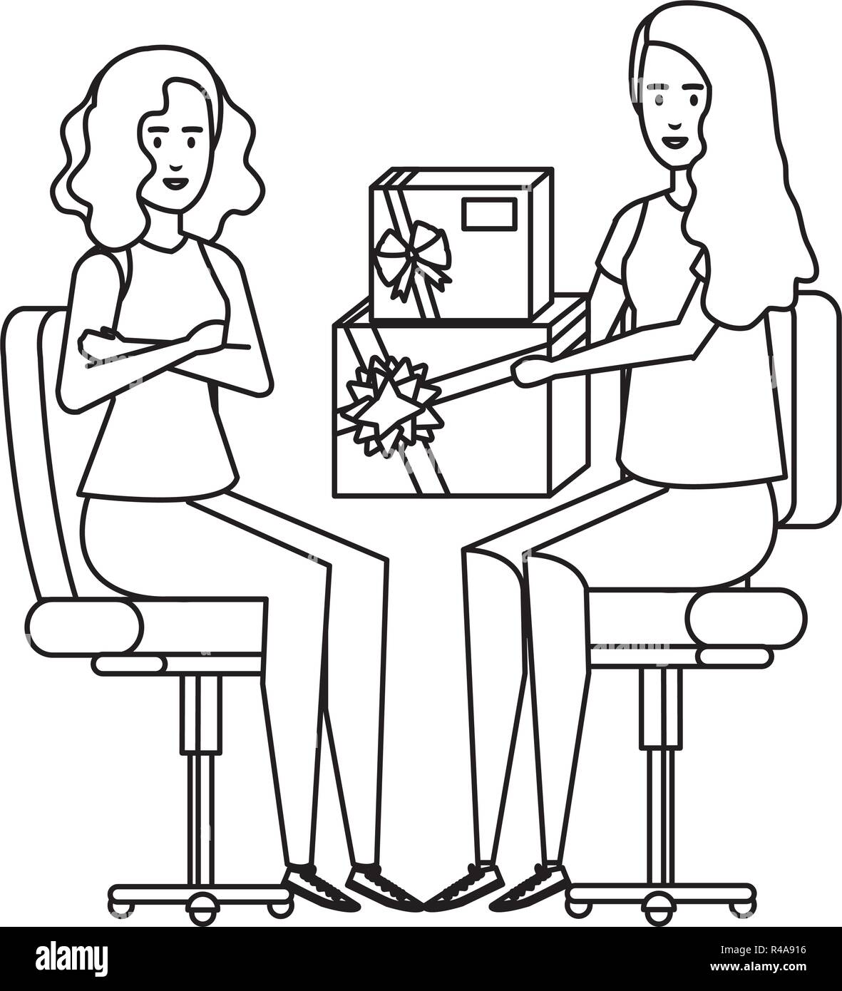 Imprenditrici seduto nella sedia ufficio dando dono illustrazione vettoriale design Illustrazione Vettoriale
