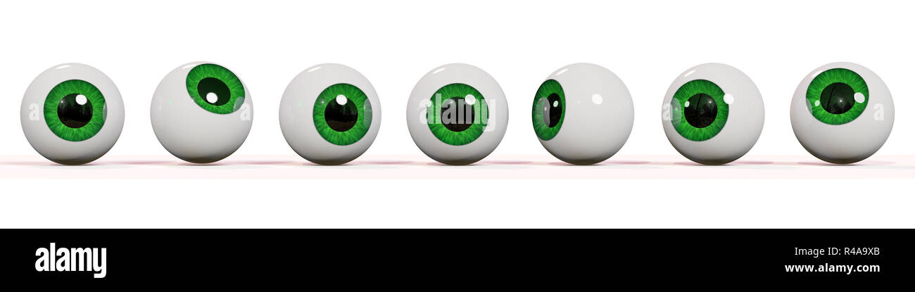 Molti realistico gli occhi umani con verde iris, isolati su sfondo bianco (3d illustrazione banner) Foto Stock