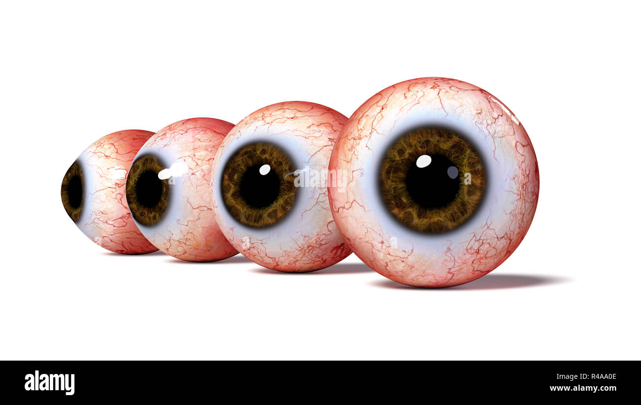 Gruppo di realistiche umano bulbi oculari con iride marrone, isolato con ombra su sfondo bianco (3d'illustrazione) Foto Stock