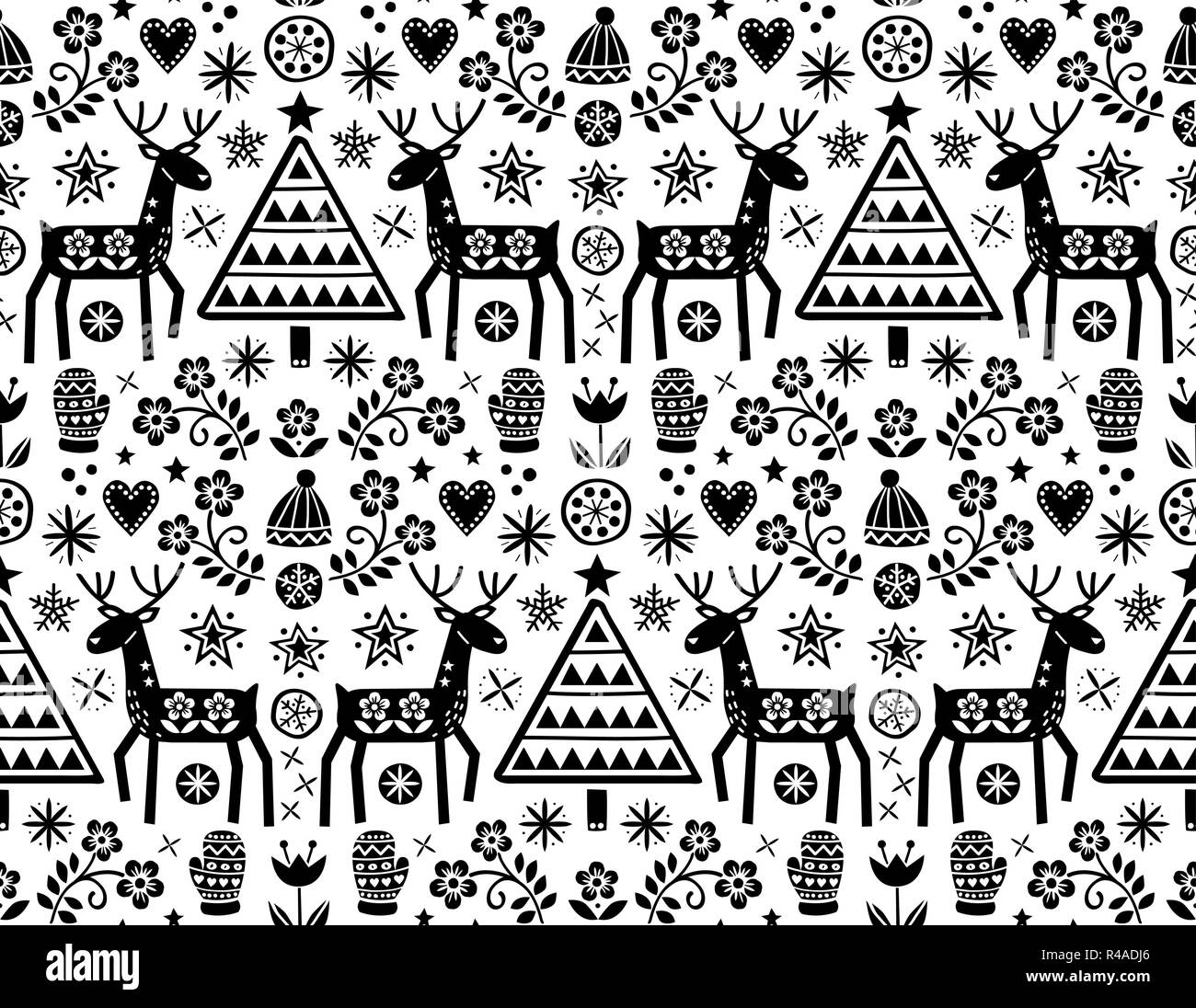 Natale folk art vector seamless pattern con le renne, fiori, albero di Natale e abbigliamento invernale design in nero su sfondo bianco - Buon Natale Illustrazione Vettoriale