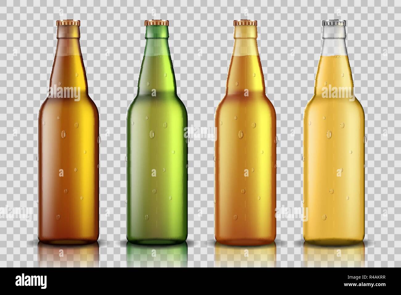 Set di bottiglie di birra in vetro realistiche con liquido isolato su sfondo trasparente. Bottiglia di birra vuota modello di riempimento per confezione prodotto. Vettore Illustrazione Vettoriale