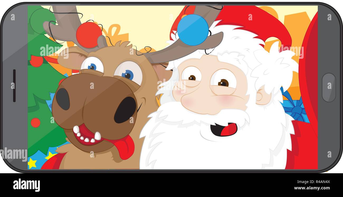 Un vettore cartoon che rappresenta un divertente e moderno Santa Claus e una divertente renna theirself prendendo un selfie e in posa nella loro officina, nel middl Illustrazione Vettoriale