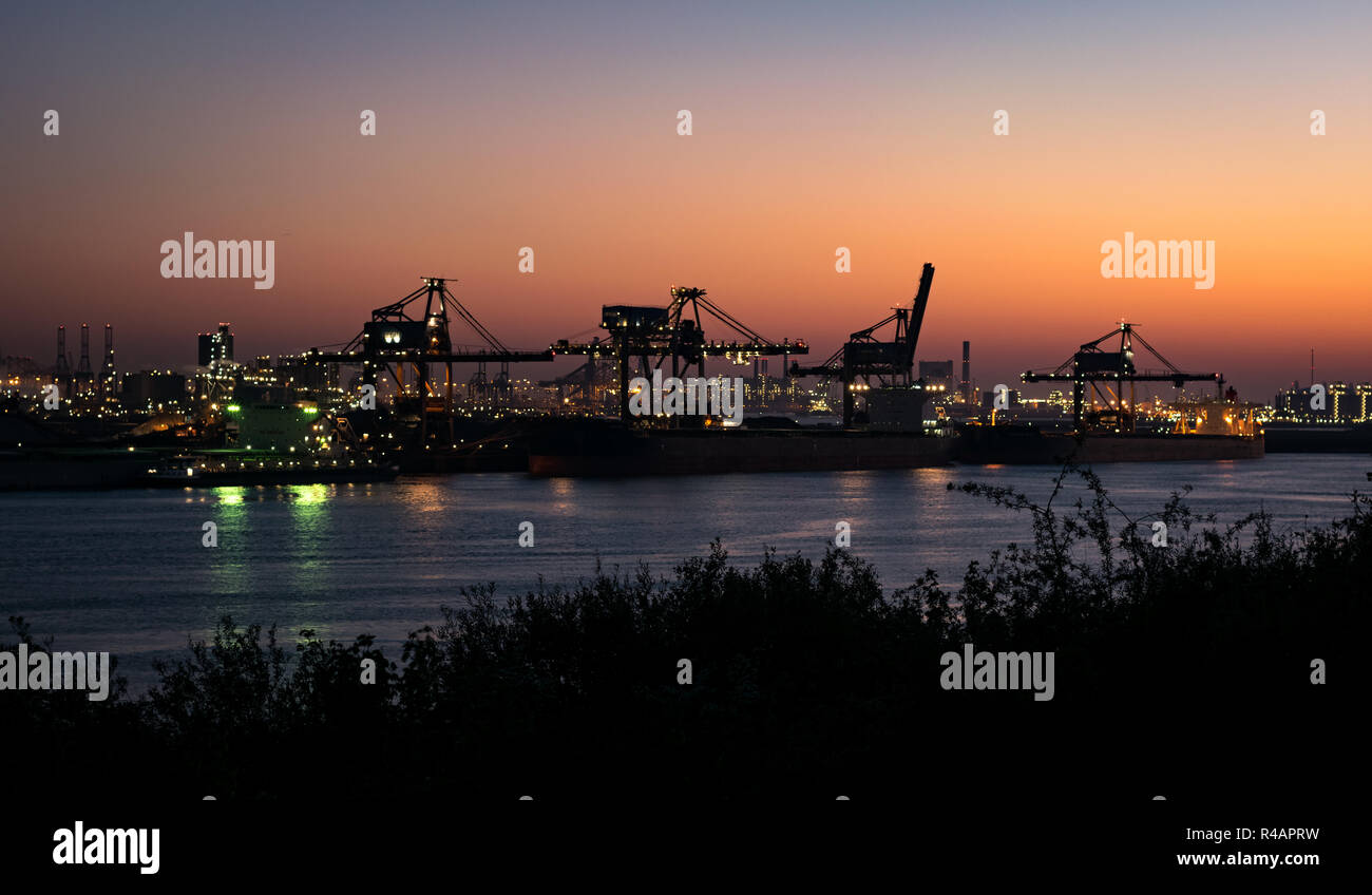 Silhouette di gru e luci lungo la riva di Eurpoort, vicino a Rotterdam, Paesi Bassi. Il crepuscolo colori servono come un bellissimo sfondo. Foto Stock